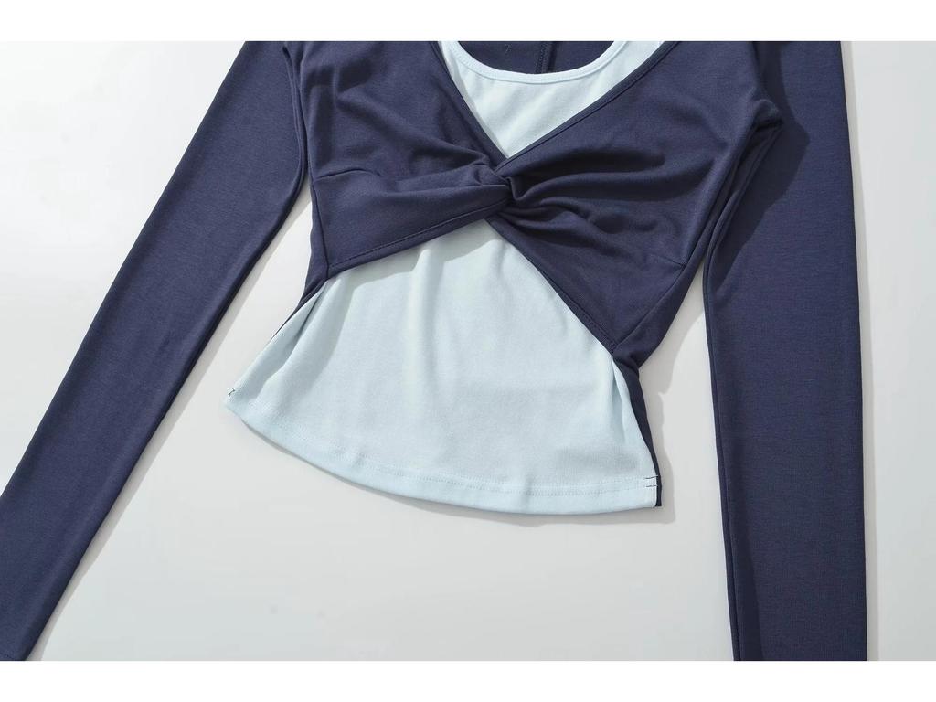American Spicy Girl Colorblock Twisted Long Sleeve Contrast Halter Shirt - Women's Spring/Autumn Slim Fit 