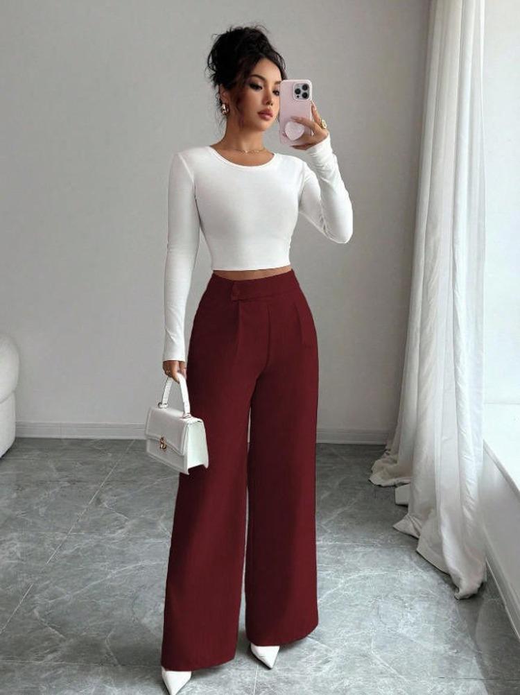 2026 Spring Autumn Wide Leg Pants Spliced Button Decor High Waist Casual Loose Long Pants for Women Solid Color Office Simple Elegant Trousers