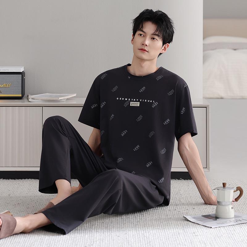 Men's Modal Cotton Pajama Set: Cooling Summer Short Sleeve Top & Long Pants, Luxurious Outdoor-Ready Comfort.