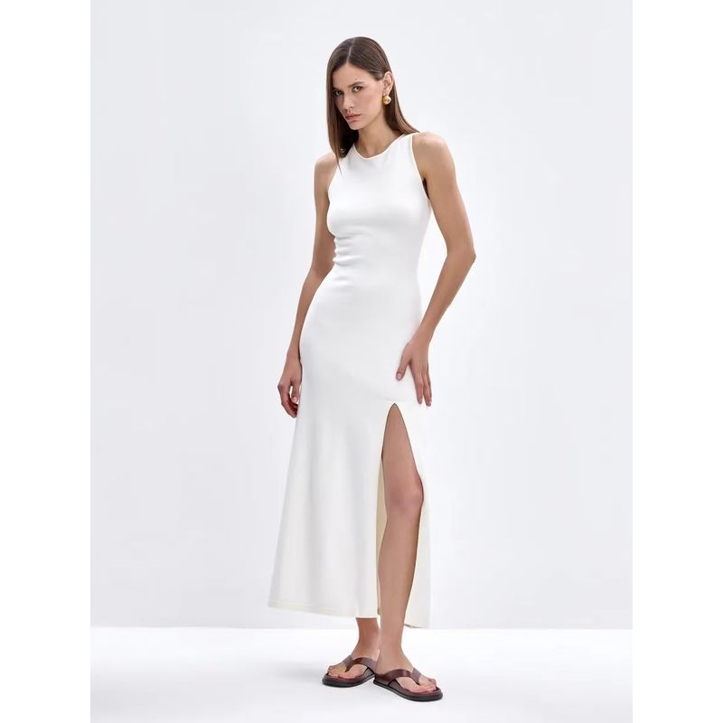 

Fashion New Arrival Fashion All-Match Silm Sleeveless Knitting Slit Dress Sexy Knit Dress Skirt White M