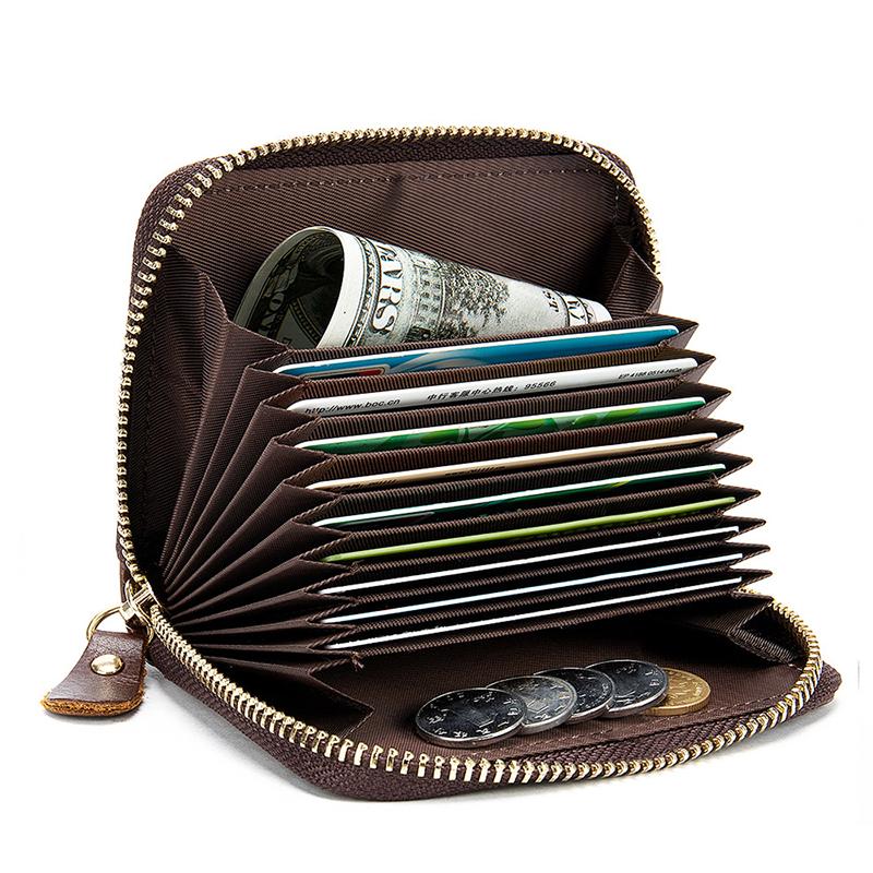 Genuine Leather Card Holder Zipper ID Credit Card RFID Blocking Slim Mini Wallet Organ Card Bag