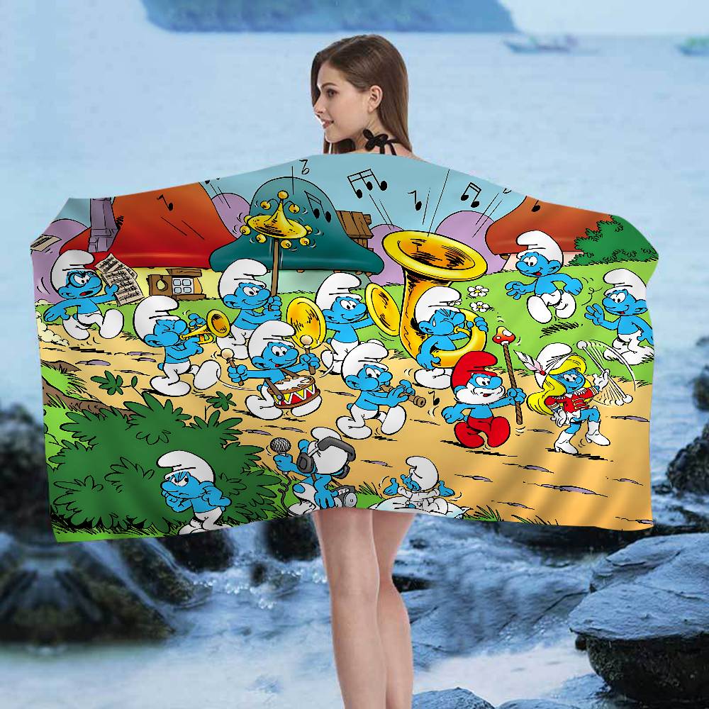 Cartoon S_Smurfs Microfiber Blanket Quick Drying Beach Towels Oversized Printing Super Absorbent Pool Towel Blanket