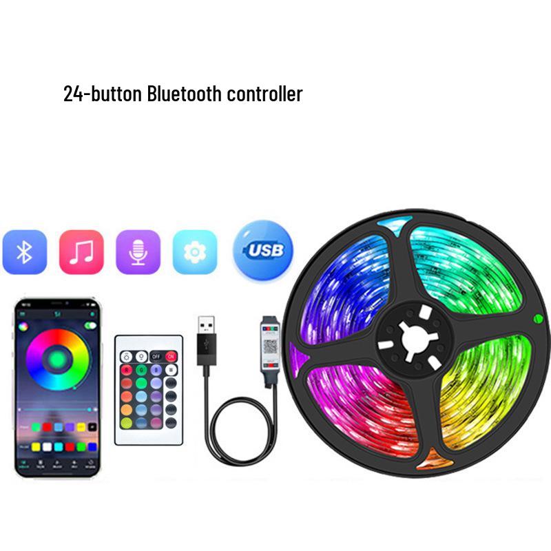 RGB LED Strip Light with 24-Key IR Remote & Bluetooth App Control, 2835 SMD 60 LEDs/m, Flexible 5V Strip