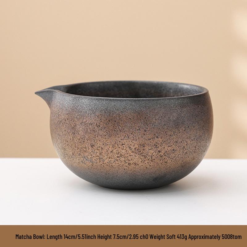 Japanese Gilded Iron Glaze Matcha Bowl and Whisk Holder - Retro Coarse Pottery for Tea Ceremony Accessories