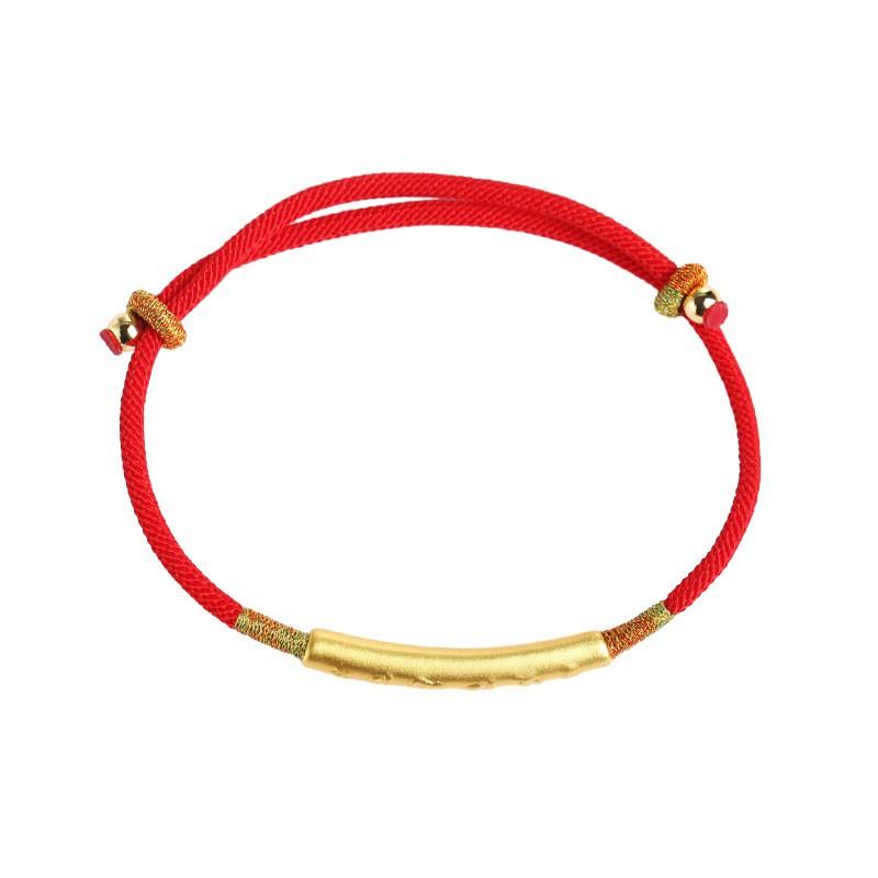 99% Pure Plated Gold Buddhist Mantra Bracelet With Red Cord Chinese Knot Women Ethnic Style Jewelry