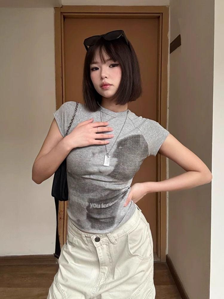 Bedruckte Cartoon-T-Shirts Kurzarm für Damen Lässige T-Shirts Mädchen Y2K T-Shirts Rundhalsausschnitt