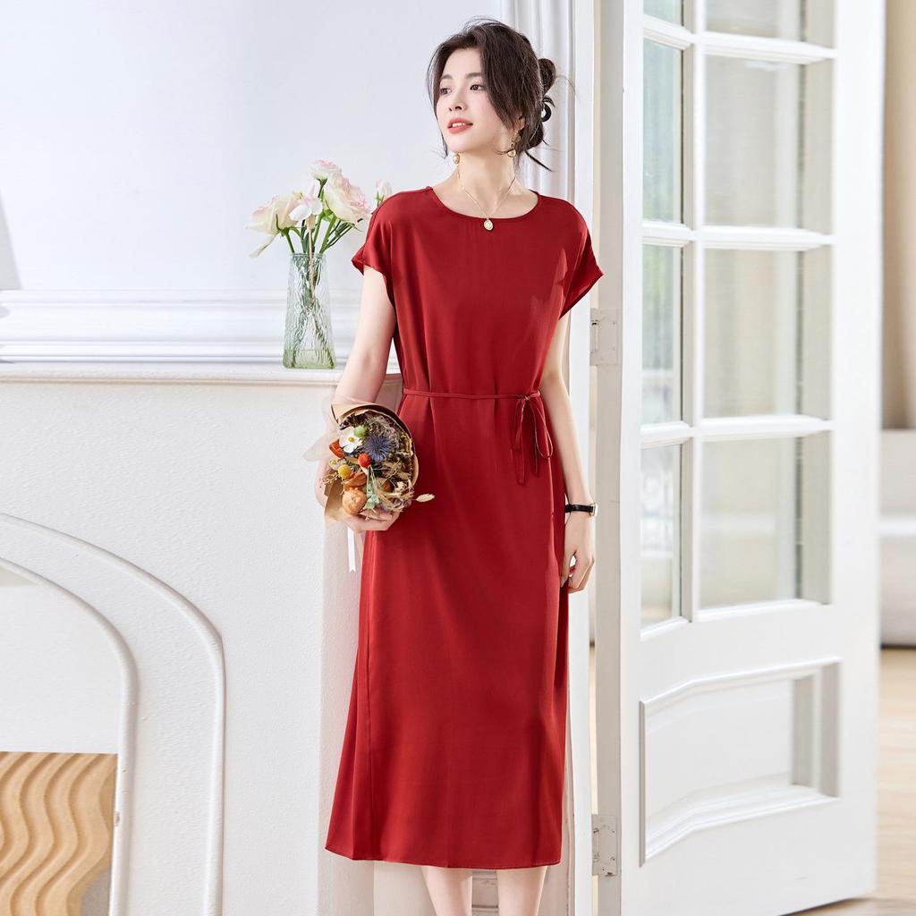 2026 New Elegant Mulberry Silk Mid-Length Dress - Round Neck & Casual Fit