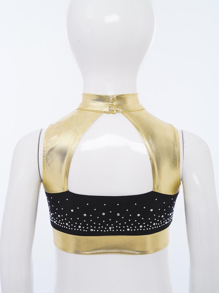 Dívčí taneční crop top s falešným rolákem, bez rukávů, s výřezem na zádech, lesklými kamínky, barevným blokováním, na vystoupení
