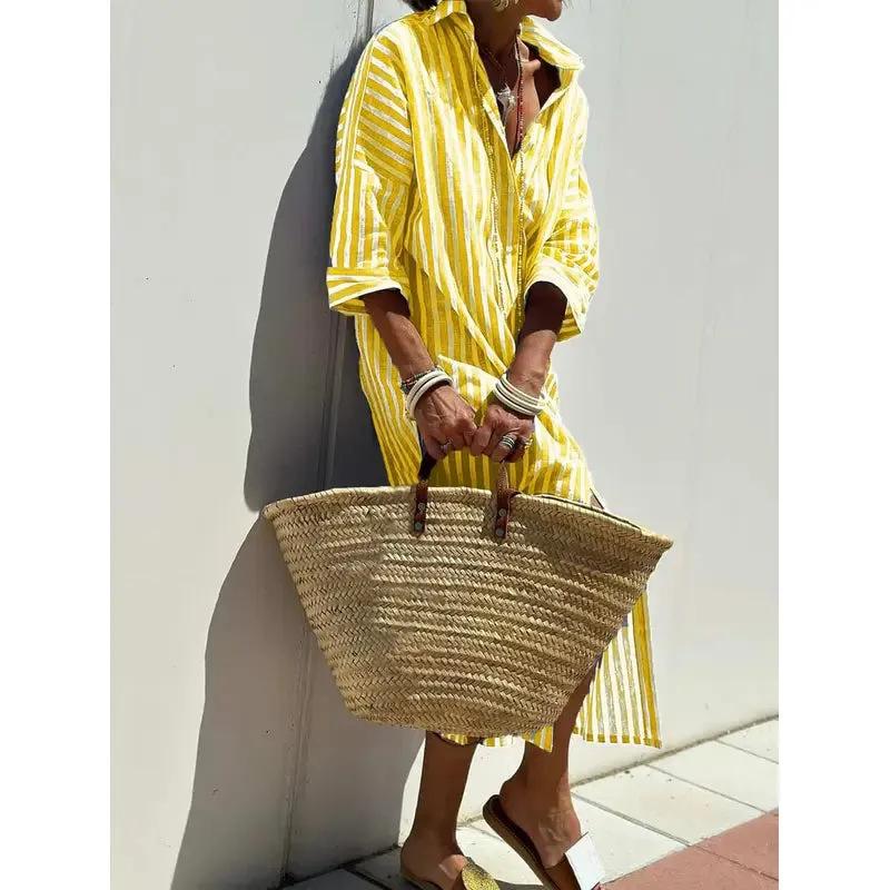 Women Shirt Dress Lapel Half Sleeve Striped Geometric Print Side Slit Long Shirt Dress With Belt Fall Casual Dresses