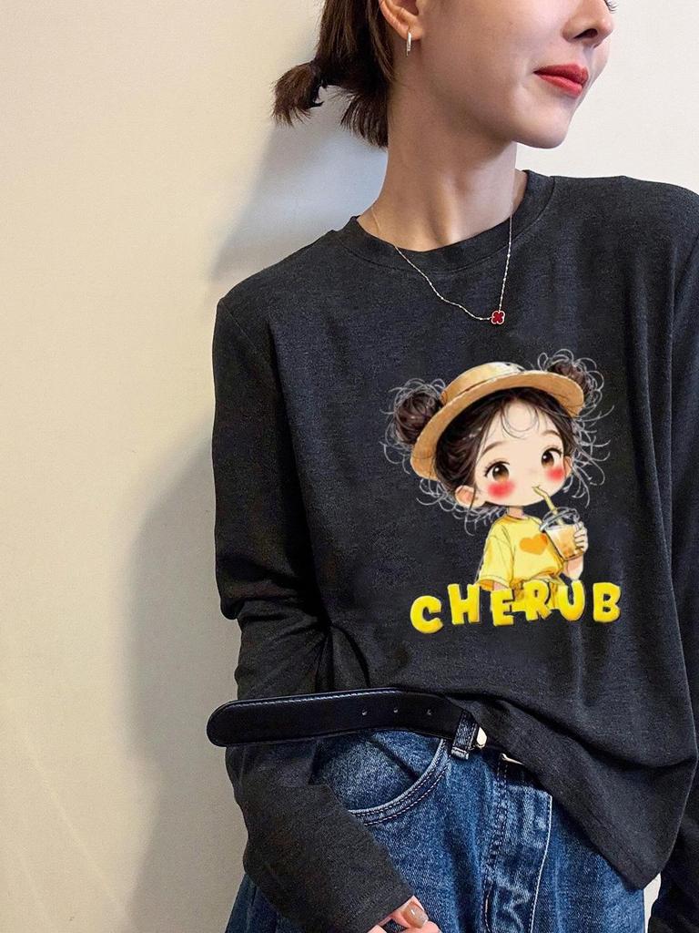 European Style Cartoon Girl Print Long Sleeve Women's T-Shirt - Autumn/Winter Base Layer Trendy Top