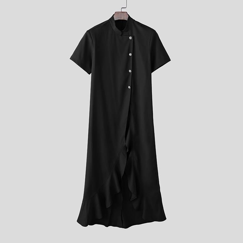 Stand Short Neck Men Incerun Sleeve Casual Split Irregular Ruffled Long Tunic Tops