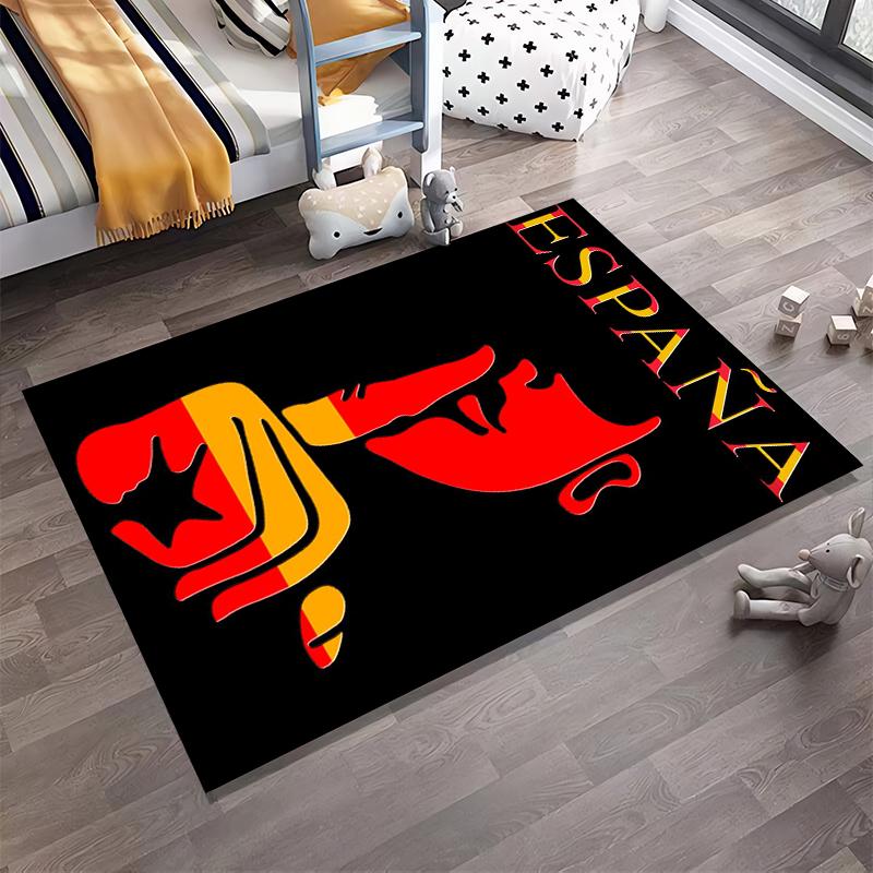 Spain Flag Design Carpet with Modern Abstract Face Pattern Black Suitable for Use As an Anti-slip for Living Room Bedroom Sofas