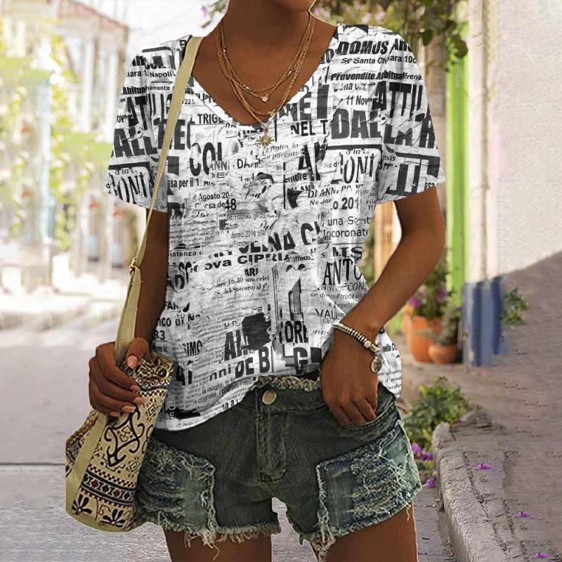 

Vintage Black and White Letter Print Women s T-Shirts Design Female V-Neck L