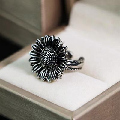 Retro Sunflower Ring For Men Women Silver Color Punk Gothic Rock Hip Hop Open Ring Handmade Designer  Unisex Accessories