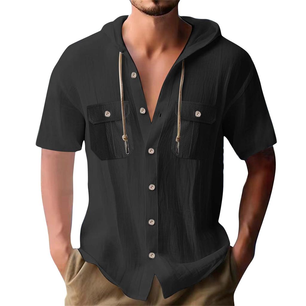 Men's Summer Solid Color Pockets Cotton Linen Short Sleeve Button Hooded