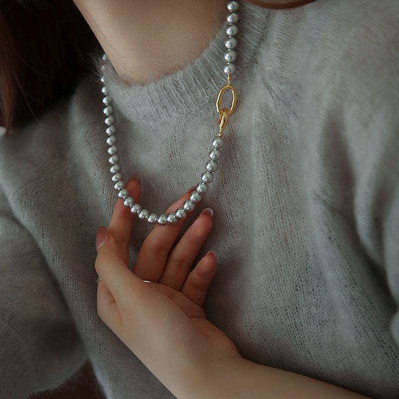 Silver Gray Pearl Necklace with Copper Buckle - 2024 Women's Sweater Chain, High-Grade Beaded Clavicle Chain