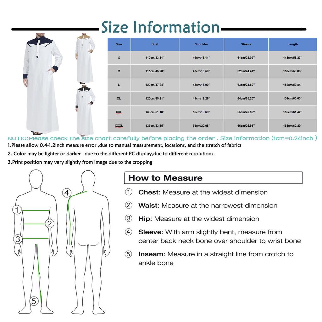 Men's Saudi Arabic Long Sleeve Robe Ramadan Muslim Dress Middle  Islamic Clothing