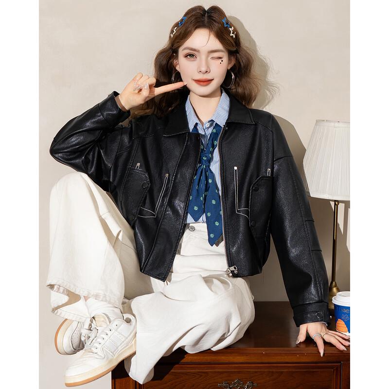 ET BOITE Women's Retro Lapel PU Leather Jacket