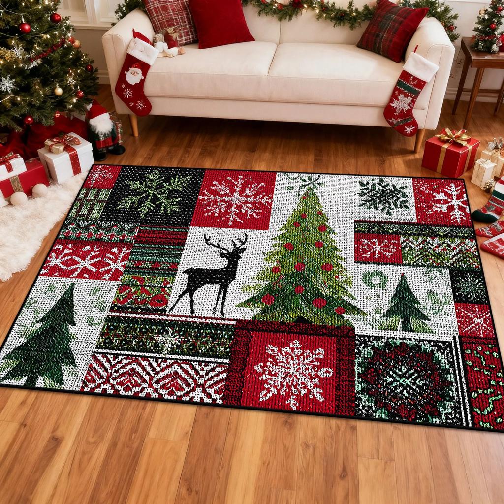 Christmas Carpet Mat Reindeer Snowflake Pattern Home Decoration Rug Festive Xmas Festive Decor for Living Room Holiday Season