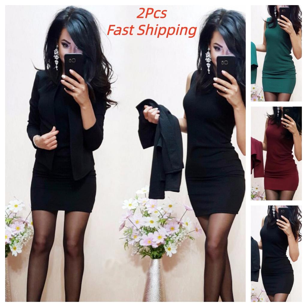 Vestido Bodycon Liso Sem Mangas Gola O 2 Peças/Conjunto Casaco Curto Quente para Escritório Mini 2026