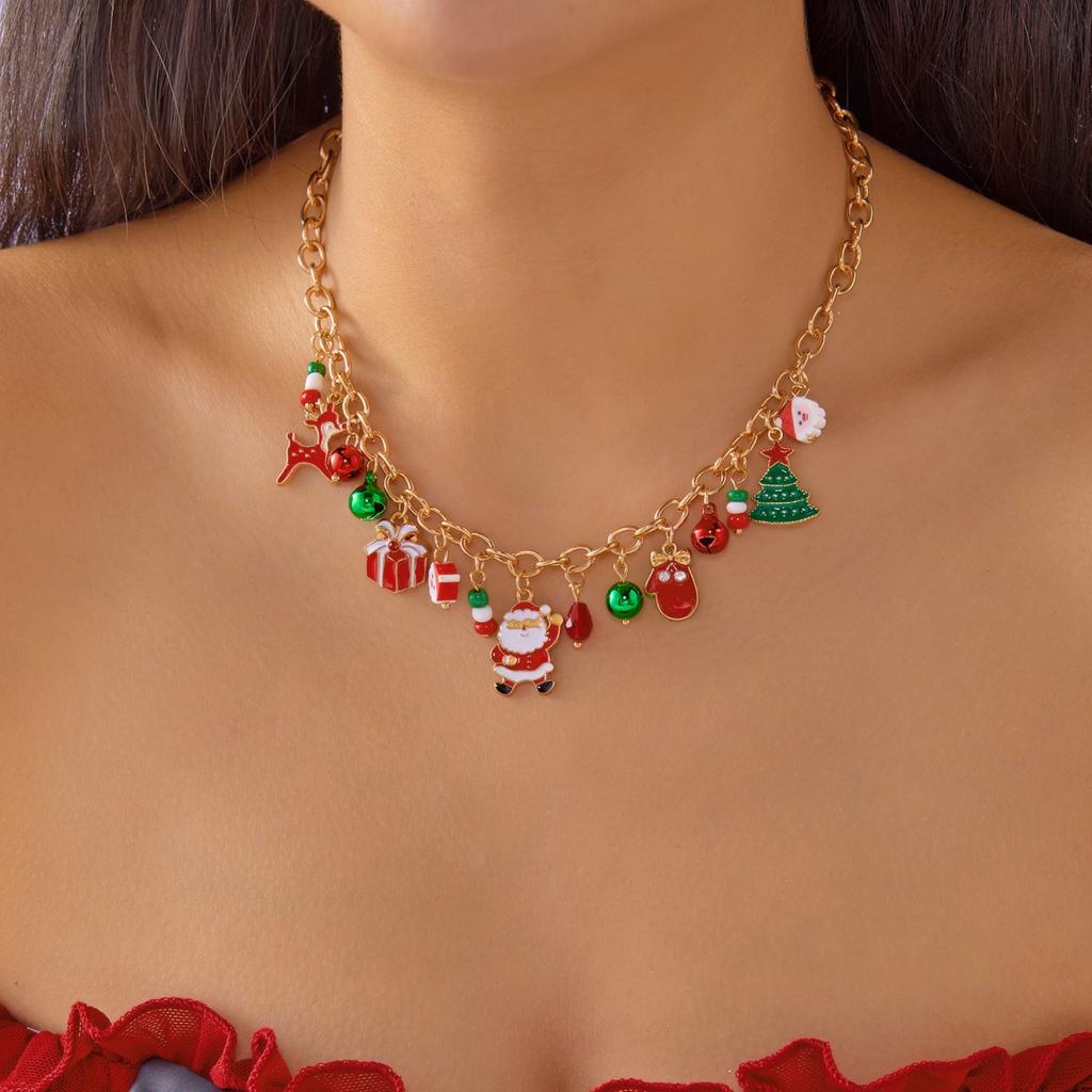 Christmas Santa Claus Sock Candy Bell Necklace Cute Deer Snowman Wreath Xmas Tree Pendant Choker For Women Men Festival Jewelry