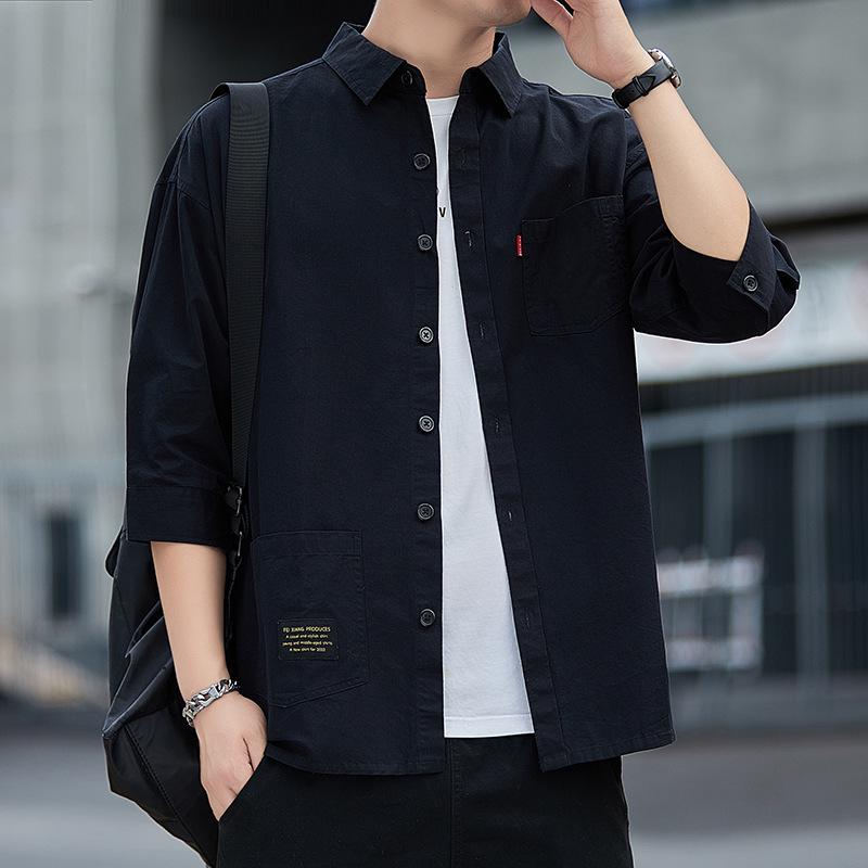 Camicia Casual da Uomo a Sette Maniche in Puro Cotone - Stile Hong Kong Primavera/Autunno Capospalla Largo