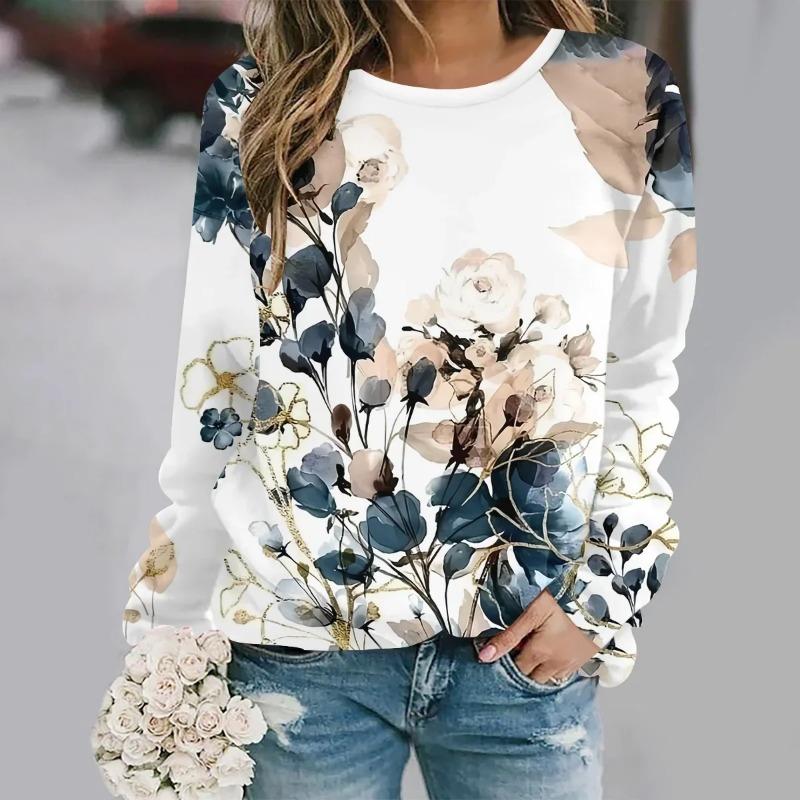 Women's casual and fashionable round neck long sleeved printed elegant and casual
