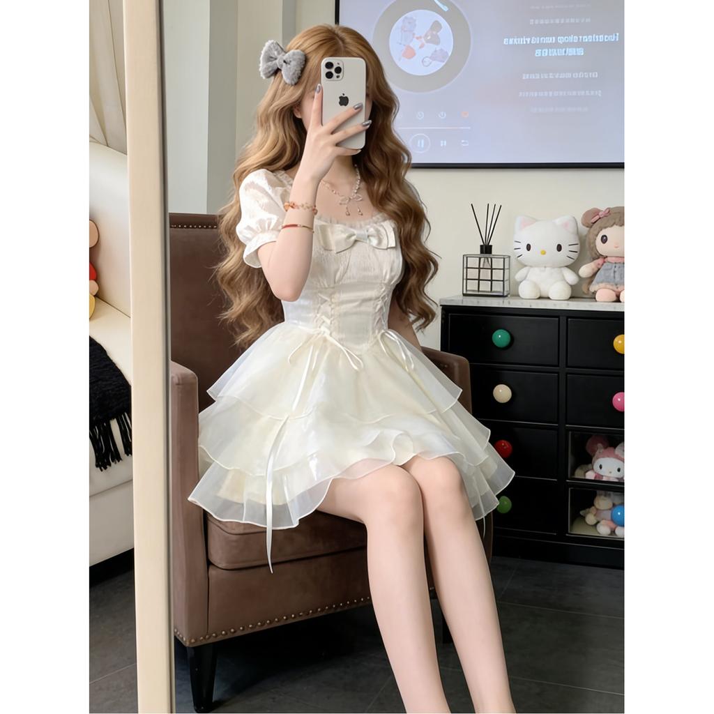 Bow Jacquard Fairy Dress Female Summer New Running Princess Fluffy Short Skirt Apricot