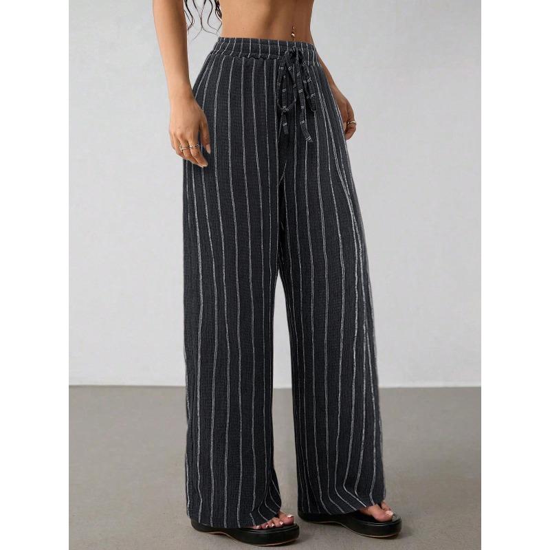 Casual Loose Striped Drawstring Elastic Waist Contrasting Color Multi-color Wide-leg Pants Women