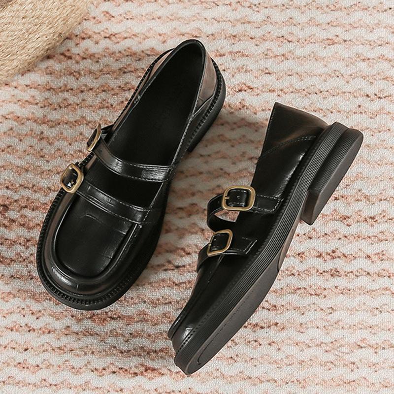 Fashion Double Buckle Strap Loafers Woman Crocodile Oxfords Shoes Preppy Girls Ladies Flats Mary Janes Boat Mocassines Mujer Sneakers