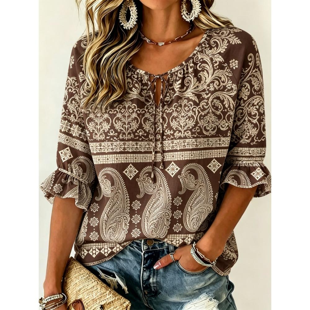 Women's Beige Paisley & Ethnic Print Tie Front Blouse, Casual Loose Top for Spring Summer Daily Wear