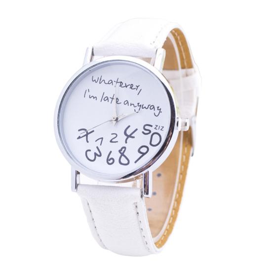 Damen Was Auch Immer Ich Bin Sowieso Zu Spät Buchstabe Rundes Zifferblatt Kunstlederarmband Quarz Uhr