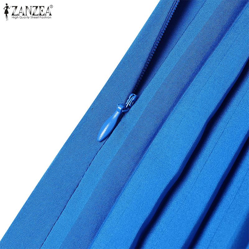 ZANZEA Vestido Casual de Verano para Mujer de Cuello Redondo y Manga Corta con Pliegues de Color Sólido