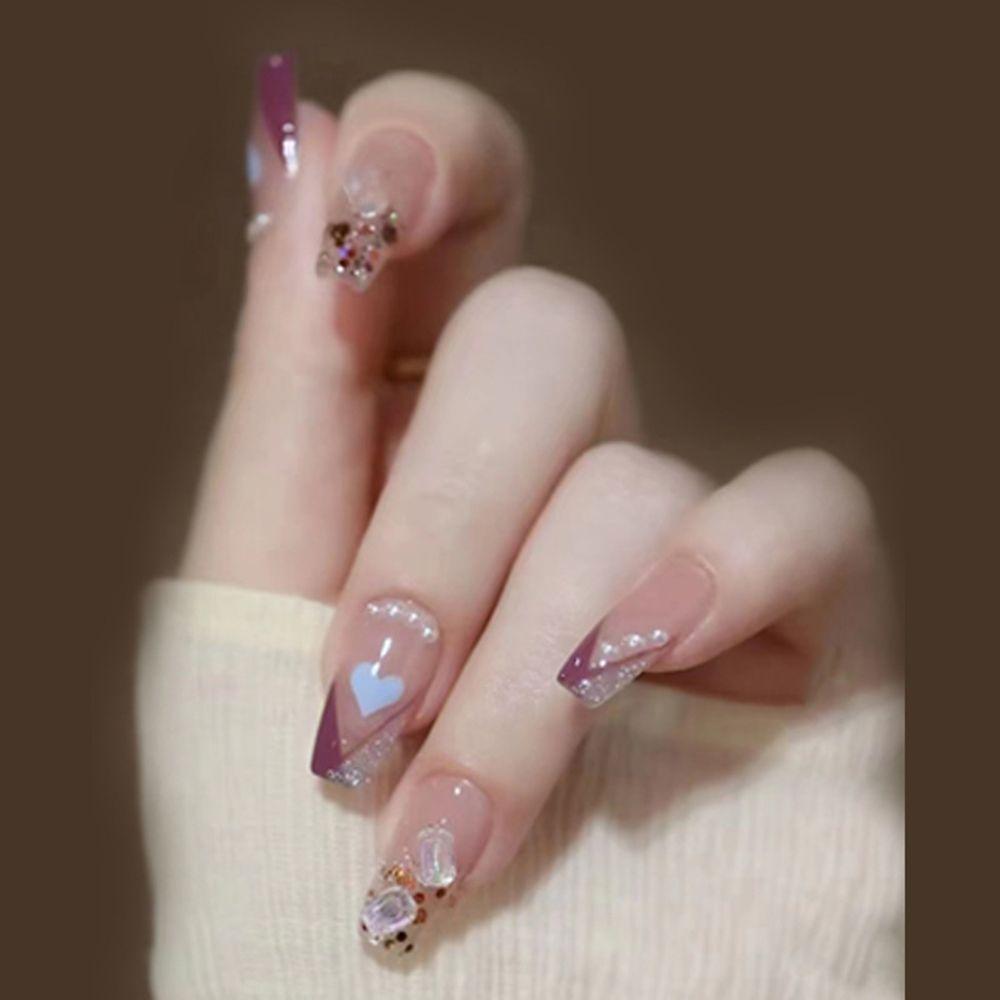 

24pcs Coffin Long Nails French Ice-through Mint Diamond Fake Nail Full Cover False Nail Gradient
