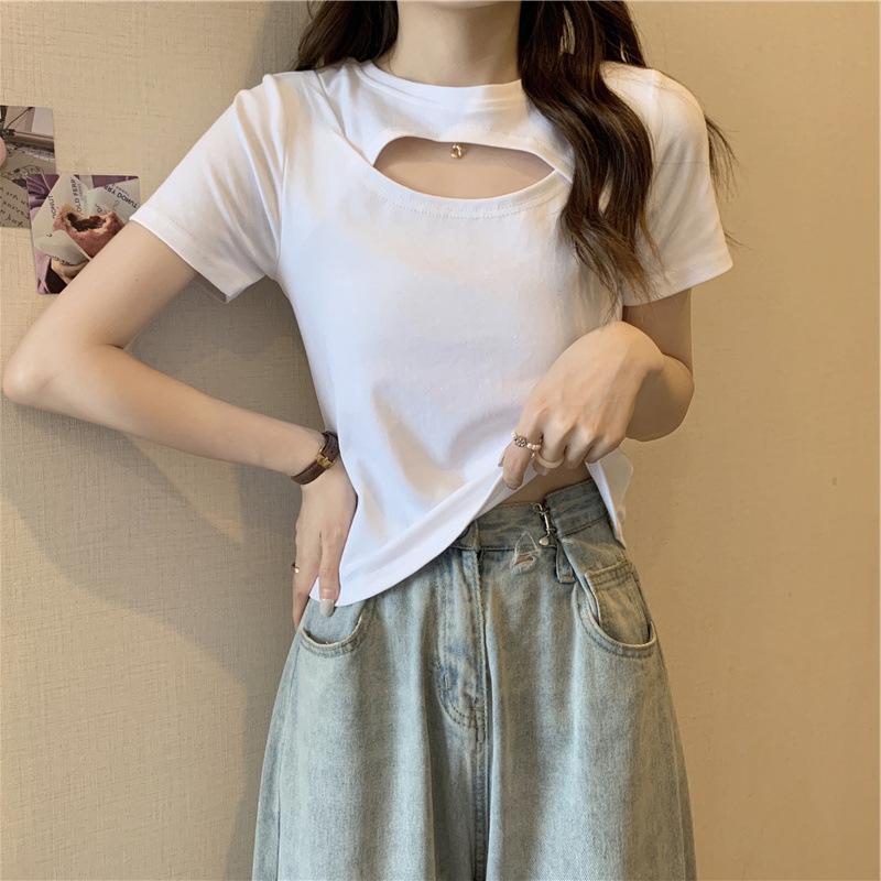 Women's Crew Neck Short Sleeve Cutout Crop Top Slim Fit Korean Casual Solid Color Pullover T Shirt Cute Summer Daily Blouse