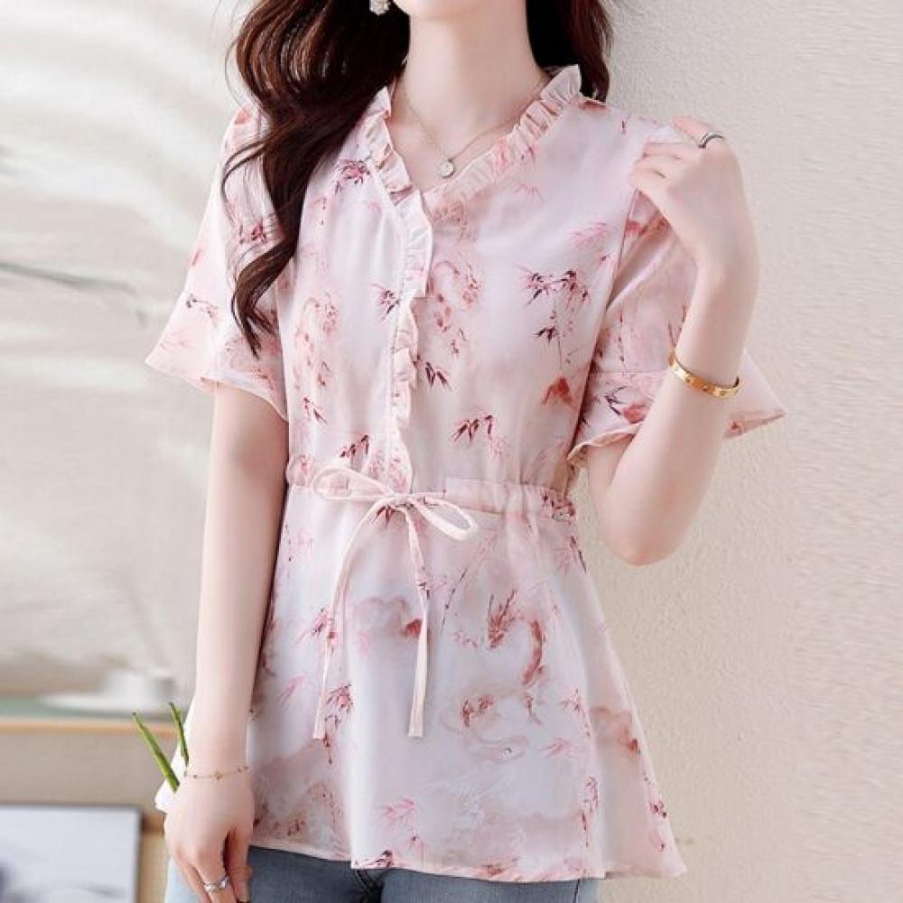 Navava Women Lovely Printing Frill Waist String Short Sleeve Blouse Nb3170