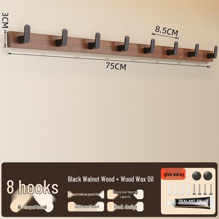 No-Drill Solid Wood Wall-Mounted Clothes and Hat Hook for Entrance or Hallway