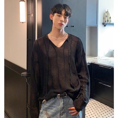 Korean Style V Neck Long Sleeve Knit Sweater For Men Loose Lazy Fashion