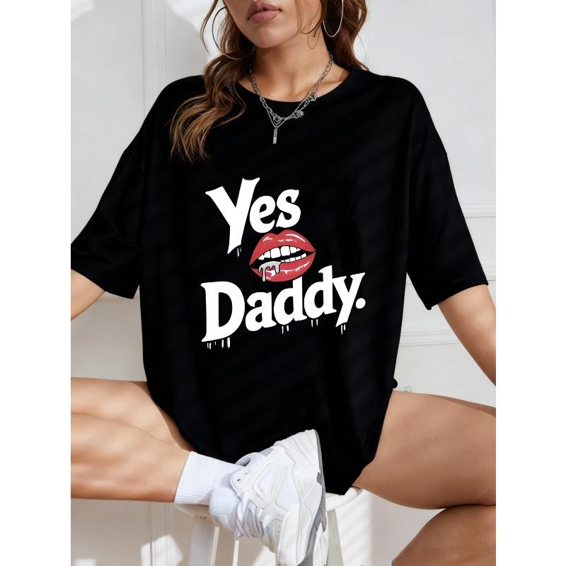 Oversized T Shirt White Yes Daddy Lip Print Graphic Tee Casual Streetwear Fashion For Women Summer Outfit Top