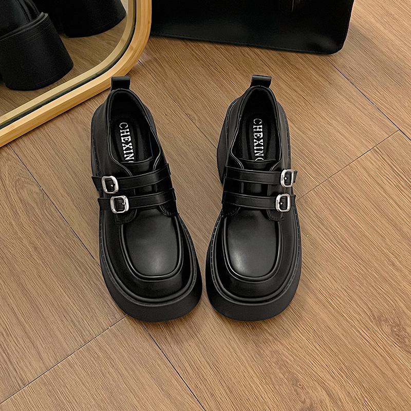 

Туфли на толстом каблуке из мелкой кожи женские новые летние черные на высоком каблуке универсальные туфли-лоферы на платформе 40