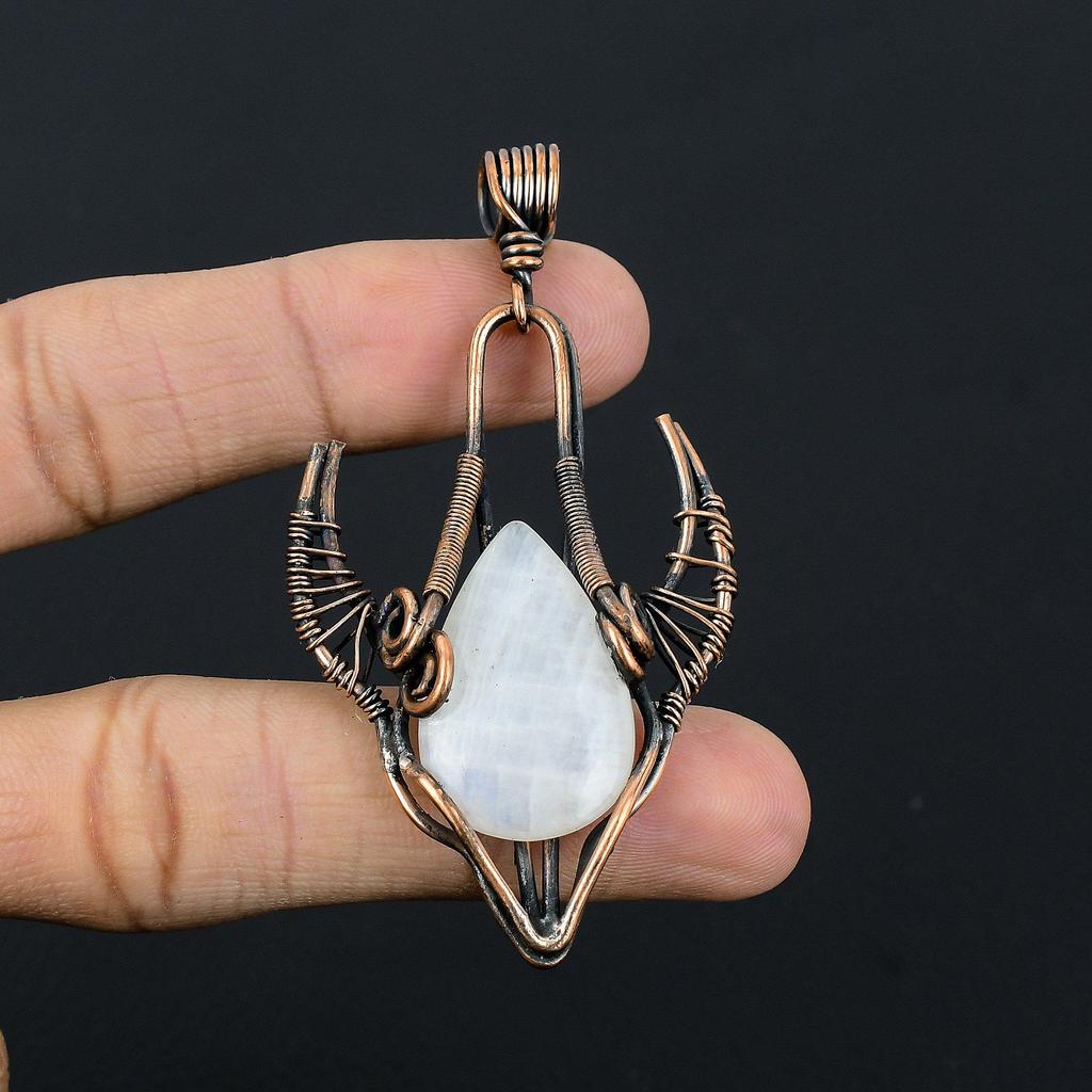 Moonstone 999 Copper Wire Wrapped Pendant, Handmade Gemstone Bull Face Pendant, Gift For Mom Antique Jewelry