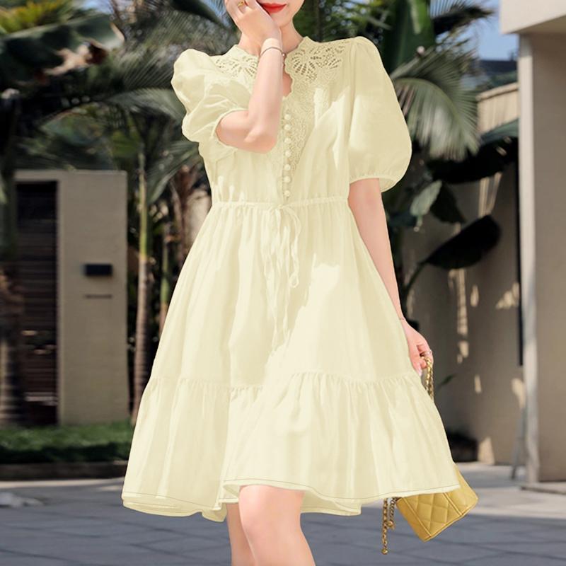 ZANZEA Women Lace Crochet Splice V-Neck Casual Short Sleeve Dress