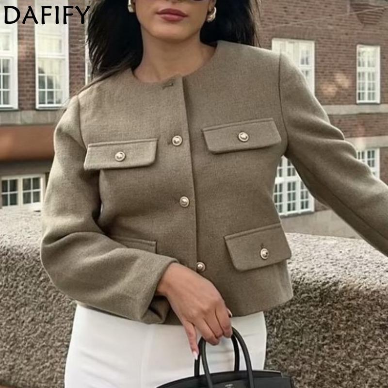 DAFIFY Women's Fashion Casual Solid Color Print Autumn Winter Long Sleeve O-Neck Jackets & Coats