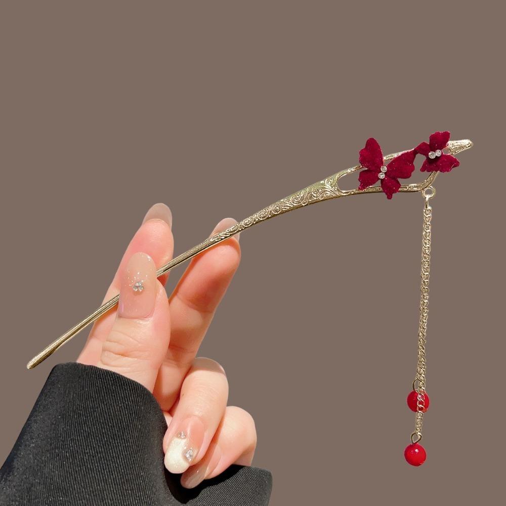 Red Butterfly Tassel Hair Stick with Velvet Flower Bead Detail Carved Pattern Retro Hanfu Style Women's Elegant Hair Accesso