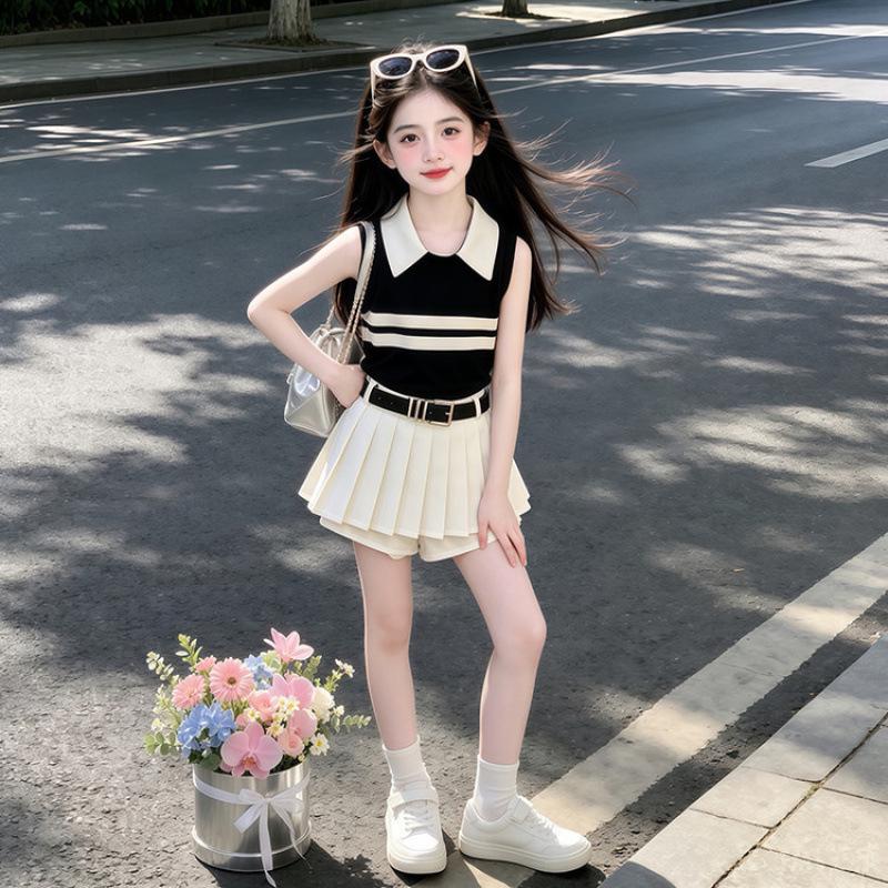 2026 New Girls Summer Outfit: Stylish Korean Pleated Skirt & Striped Vest Set 120