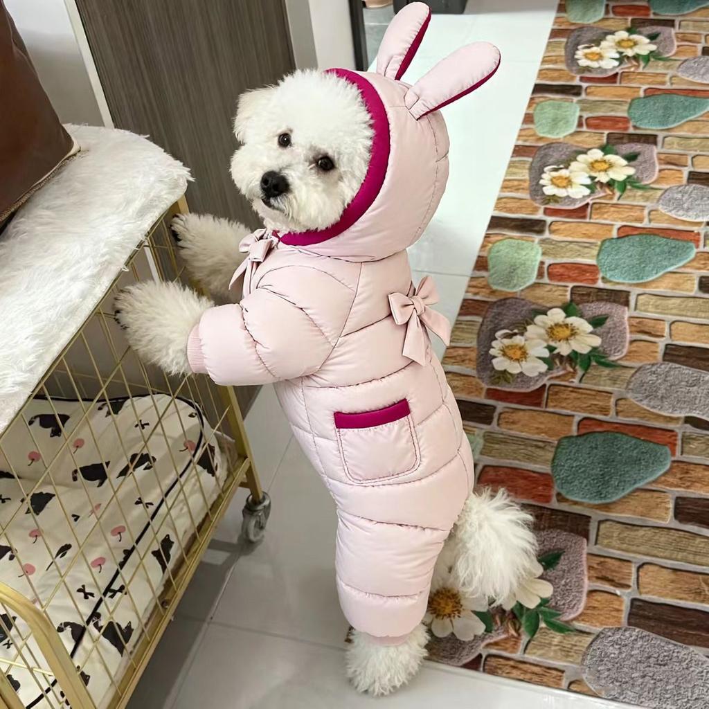 Warm Winter Dog Rompers,4 Legs Thicken Puppy Overalls, Dogs Down Jacket For Small Medium Breeds,Cute Bunny Design With Pockets
