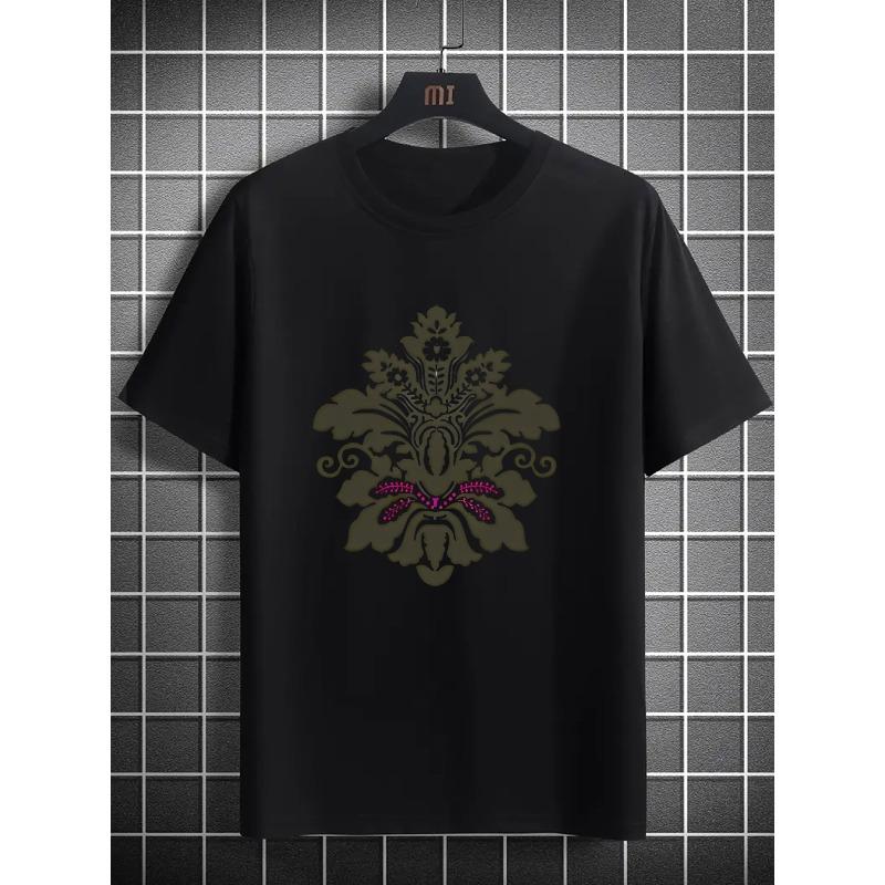 

European sizes A Stylish And Elegant Short-Sleeve Men S T-Shirt Featuring a Green Floral Pattern on a Red Background 4XL чорний