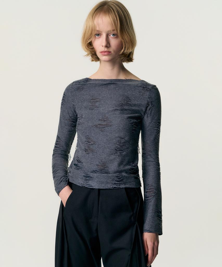 Kimjisu Distressed Cowl Neck T-Shirt_Blue