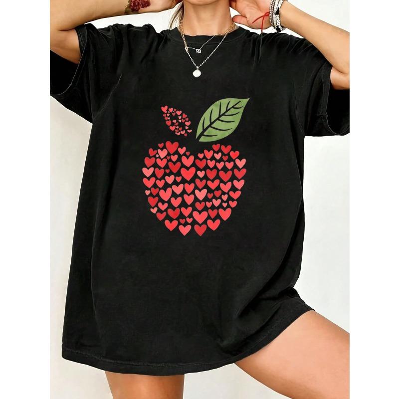 Black Oversized T Shirt With Heart Apple Print For Casual Wear