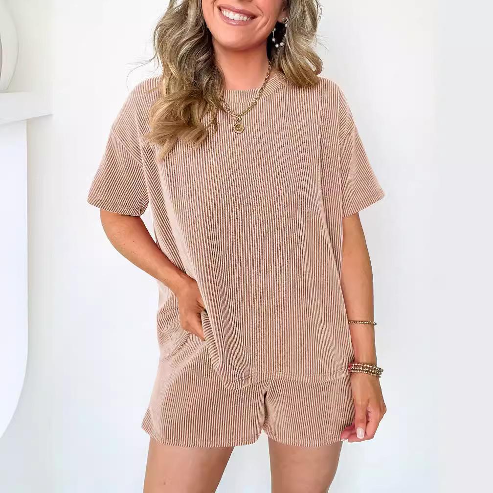 Women Casual Two Piece Set Short Sleeve Round Neck Top Elastic Waist Shorts